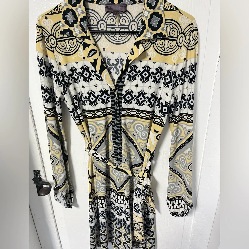 Hale Bob Belted Long Sleeve stretch Jersey button front dress size small - Picture 2 of 8